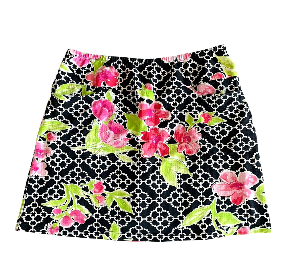 IBKUL Women's Size Large Black Pink Floral Pull-On Casual Golf Skort Pockets
